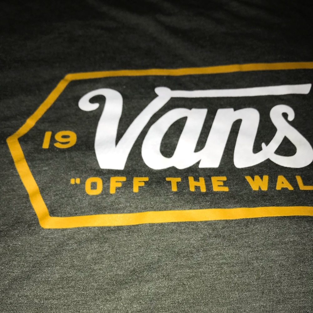 Olive Green Vans Off The Wall Men Short Sleeve Shirt Design Front & Back Worn 1